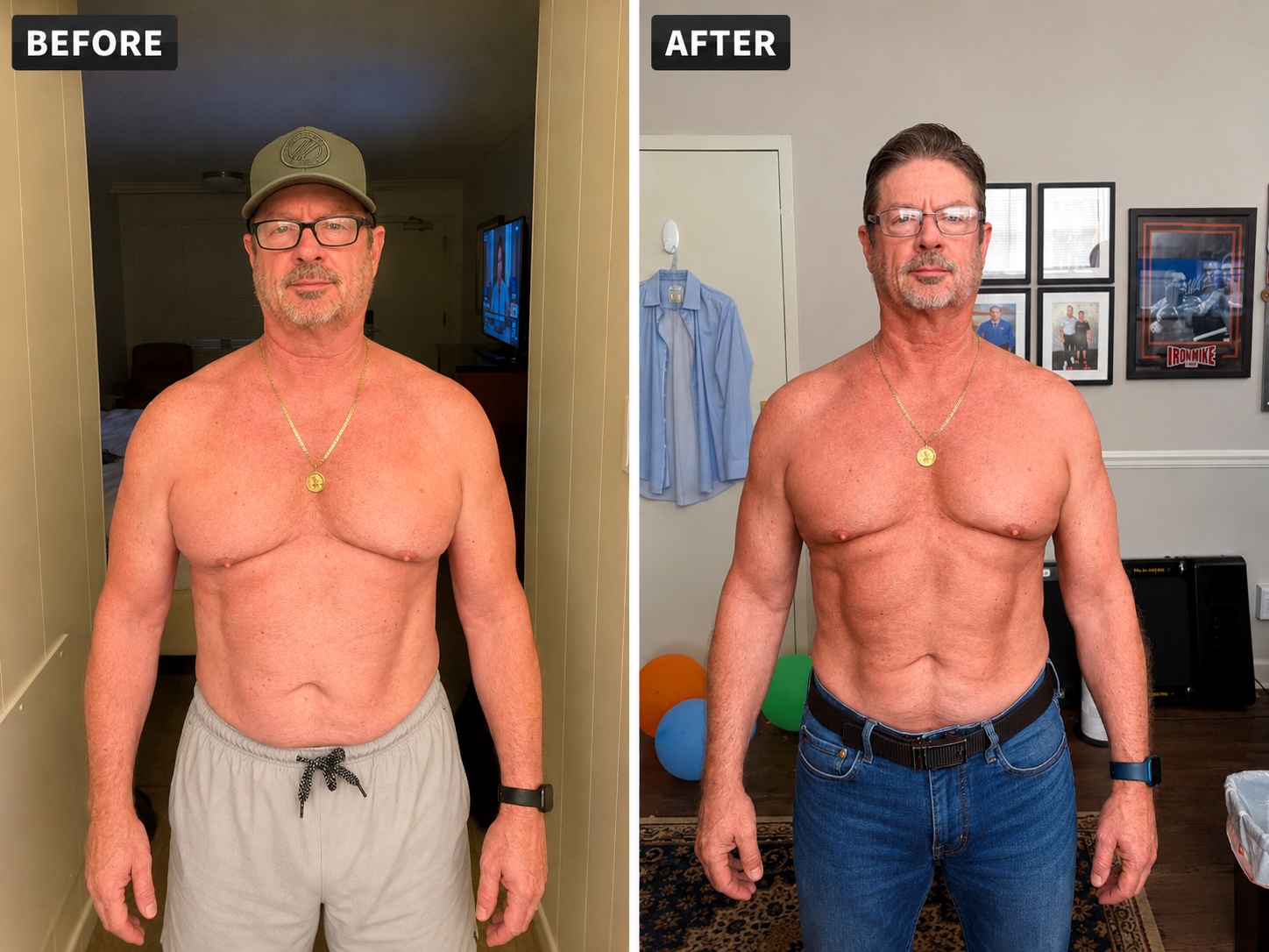 Before and after photos of a man in his sixties who rebuilt strength after a shoulder and bicep injury